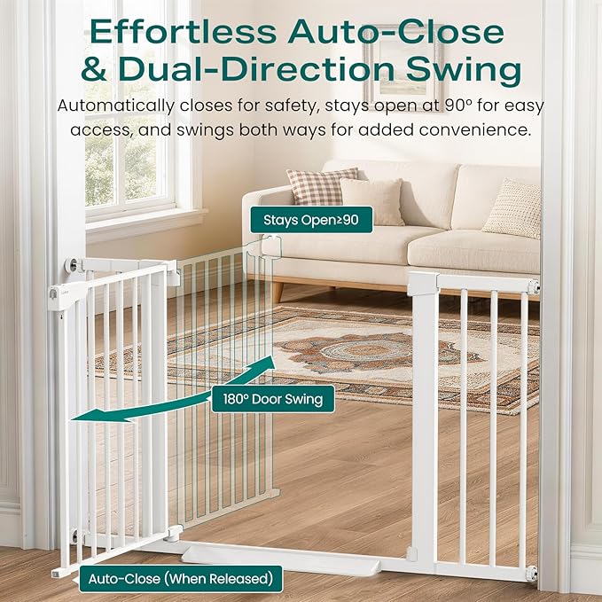 Cumbor 30-46" Baby Gate for Stairs, Toddler Safety Essentials for The House, Auto Close Dog Gate for Doorways, Mom's Choice Awards Winner-Easy Install Pressure Mounted Pet Gates for Dogs, White
