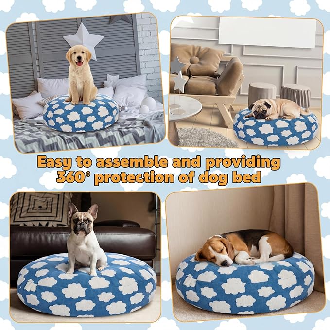 Youyole Medium Washable Round Dog Bed Cover Replacement Waterproof 30 x 30 x 10 in Round Donut Bed Cover for Dog Soft Blue Beds Protector Sheet with Lovely Clouds Print for Donut Beds & Pet Couch
