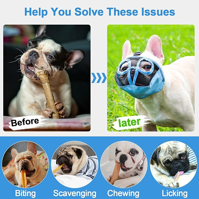 Short Snout Dog Muzzles- Adjustable Breathable Mesh Bulldog Muzzle for Biting Chewing Licking Training Grooming Dog Mask (Blue(Eyehole), Small/9"-12")
