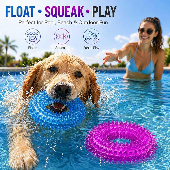 ADUCK Dog Squeaky Chew Toys for Aggressive Chewers, Small Medium Large Dogs Teeth Cleaning Soft Natural Rubber Float Toy for Indoor Outdoor Water Pool, Donut Ring Design 4.92 inch, Blue Purple