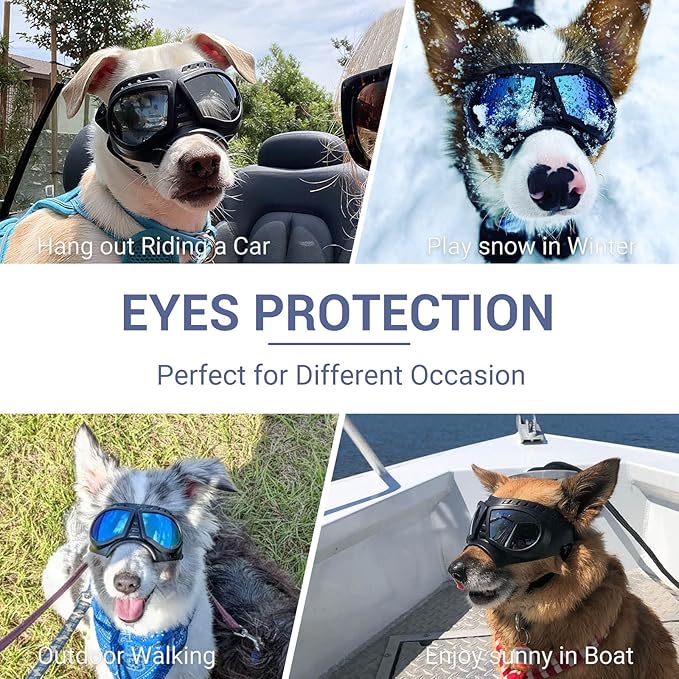 Dog Goggles for Small to Medium Breeds, Small Dog Sunglasses UV Protection Windproof Snowproof, Outdoor Driving/Riding/Hiking Eyes Wear, Soft Frame Adjustable Straps, Silver Lens