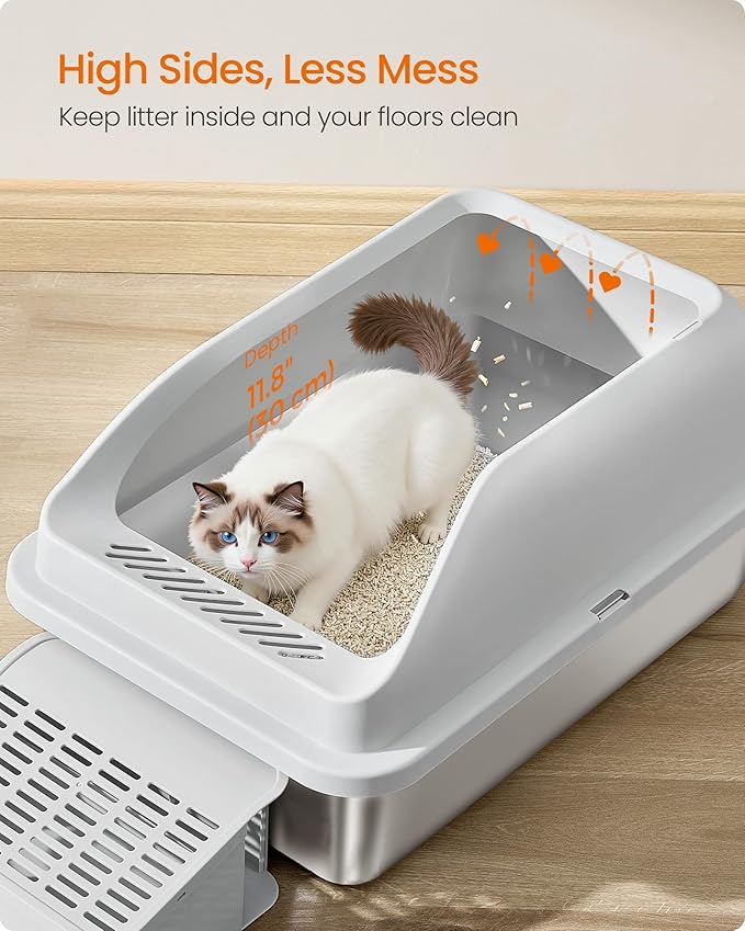 Feandrea Stainless Steel Cat Litter Box with Open Top, High Sided Litter Tray with Step, Scoop, Brush, for Cats up to 33 lb, Light Gray UPPT008GD01