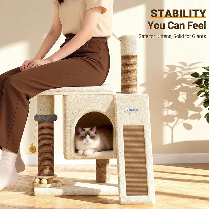 【Scratch & Playhouse】 PetDance Small Cat Tree Tower with Scratching Posts【100% Natural Sisal 】, Wood Track Ball Toy & Self-Grooming Brush for Bored Indoor Cats, Oatmeal