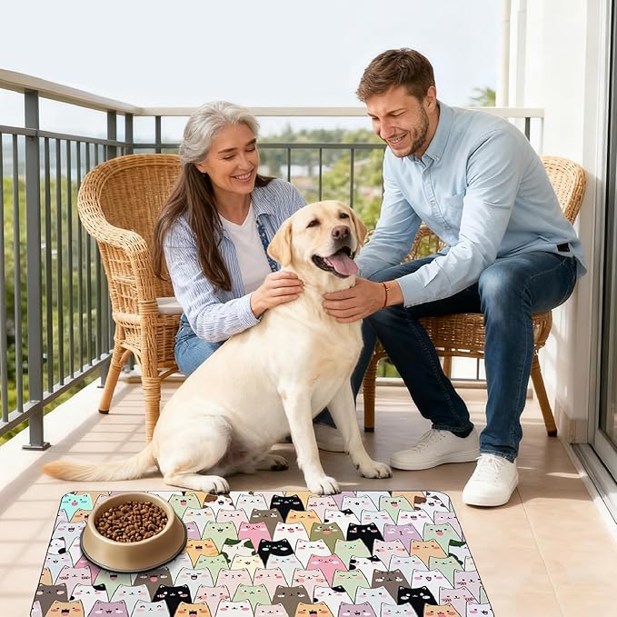 Cute Cat Food Mat Pet Feeding Placemat Colorful Cartoon Cat Pattern Rectangle Diatomaceous Earth Absorbent Quick Dry Pet Mat Protect Floors for Food and Water Bowl Supplies 20 x 12 Inch