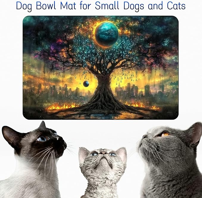 Dog Food Mat, 15.7" x 23.6" Absorbent Pet Feeding Mat for Food and Water, Waterproof Diatom Mud Pet Placemat with Non-Slip Rubber Backing, Easy Clean Cat Bowl Mat for Floors - Rain Drop Trees