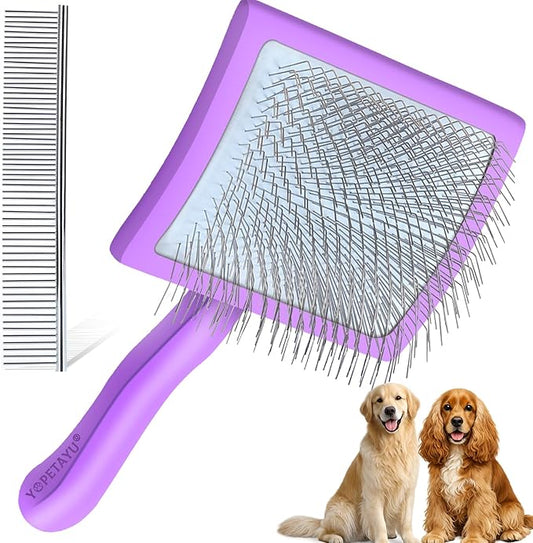 Dog Slicker Brush for Goldendoodles, Poodles & Long Haired Dogs - Long Pin Doodle Brush & Pet Comb Kit Removes Tangles Loose & Knots, Professional Grooming Tools with Wooden Handle, Purple