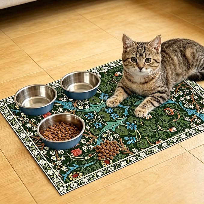 Pet Dog Cat Food Mat, Absorbent Dog Bowl Mat for Food and Water, Quick Dry Placemats Feeding Mats with Non Slip Rubber for Floors Indoor Puppy Pet Accessories Supplies 17 * 30 inch, Dark Flowers