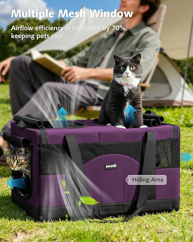 Pecute Dual Compartment Pet Carrier for Multi-Cat Families & Small Dog Owners, Collapsible Dog Crate with Reinforced Steel Frame, Car Safety Design for Travel, Vet Visits & Home Use, Purple