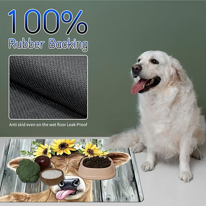 Dog Food Mat, 19.6" x 23.6" Absorbent Pet Feeding Mat for Food and Water, Waterproof Diatom Mud Pet Placemat with Non-Slip Rubber Backing, Cat Bowl Mat for Floors - Sunflower Yellow Cow