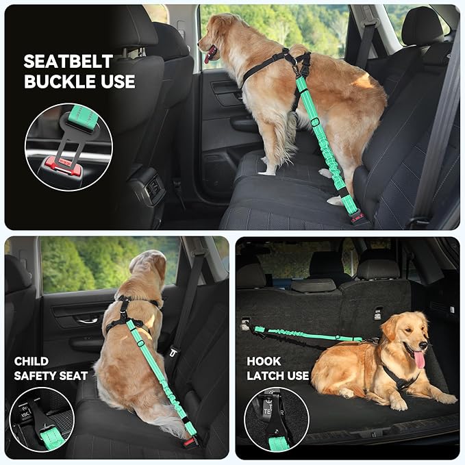 Pawaboo Dog Seat Belt Harness for Car, Dog Car Harness Seatbelt with Double Clips, Adjustable Breathable Pet Vest & Dogs Safety Tether with Elastic Bungee for Small Medium Large Pet, XXL, Blue + Black