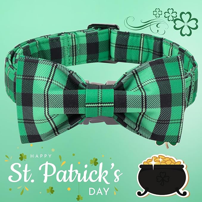 DOGWONG St. Patrick's Day Dog Collar with Bowtie, Green Plaid Bowtie Dog Collar for Small Medium Large Dogs,S