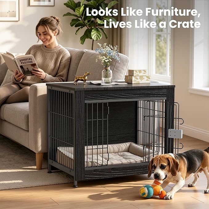 Wooden Dog Crate Furniture, 27in Dog Cage Furniture with Slide Safety Latch, Indoor Decorative End Table for High Anxiety Dogs, Furniture Style Dog Crate for Small to Medium Dogs, Black