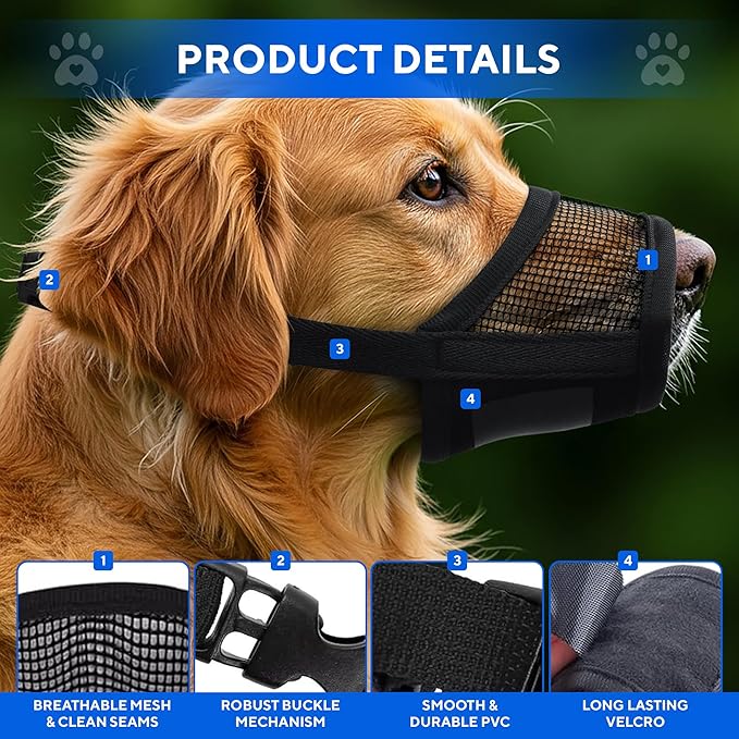 Evollax Dog Muzzle Medium Sized Dogs - Soft Muzzle for Medium Sized Dog with Air Mesh | Adjustable Mussle to Stop Biting Barking and Chewing | Allows Panting and Drinking