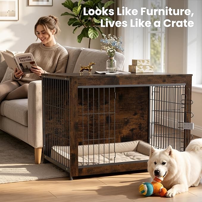 Wooden Dog Crate Furniture, 43in Dog Cage Furniture with Safety Latch, Indoor Decorative End Table for High Anxiety Dogs, Furniture Style Dog Crate for Large Dogs, Aged Black