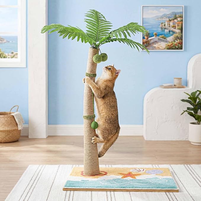 Tall Cat Scratching Post for Indoor Cats Adults, 33'' Large Cat Scratch Post with Perch, Cute Cat Scratching Post with Boho Carpet ＆ Dangling Ball Toys, White