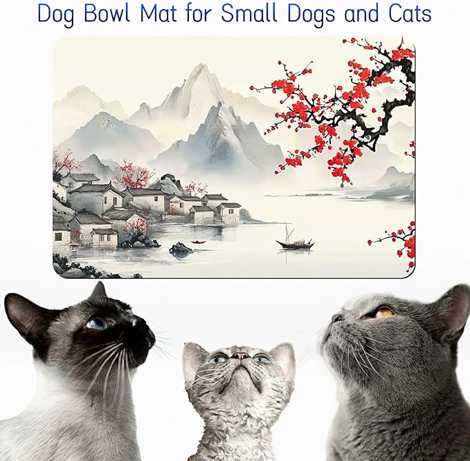 Dog Food Mat, 15.7" x 23.6" Absorbent Pet Feeding Mat for Food and Water, Waterproof Diatom Mud Pet Placemat with Non-Slip Rubber Backing, Cat Bowl Mat for Floors - Watercolor Peach Blossoms