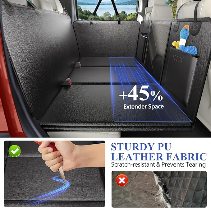 Back Seat Extender for Dogs Truck-Large Space, Hard Bottom PU Leather Dog Pet Seat Cover Back Seat, Anti-Scratch Dog Hammock for Crew Cab Trucks F150, RAM1500, Sierra, Tundra, Silverado