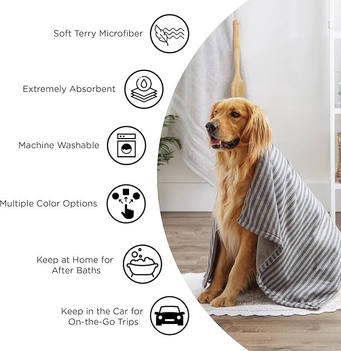Bone Dry Pet Grooming Towel Collection Absorbent Microfiber X-Large, 41x23.5", Striped Black