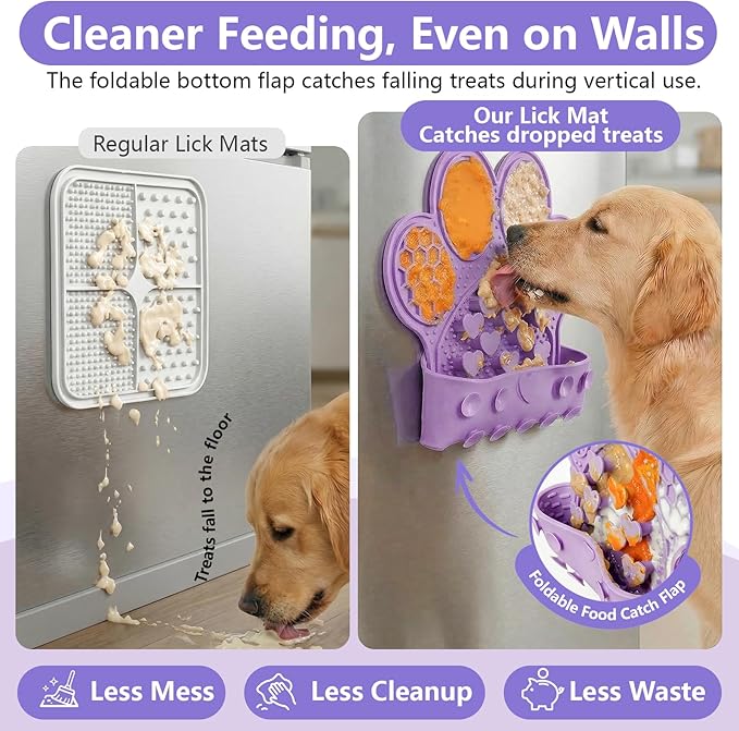 Dog Lick Mat with Suction Cups, Slow Feeder & Enrichment Mat for Dogs & Cats, Silicone Feeding Mat for Wet & Dry Food, Anxiety Relief, Mess-Free Foldable Pocket Design, Purple