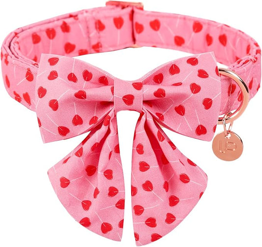 Valentine Dog Collar with Bow Tie, Valentine Bowtie Collar for Small Girl Dog, Cotton Collar with Durable Metal Buckle, Valentine’s Gift Pet Collar, S, Red Heart