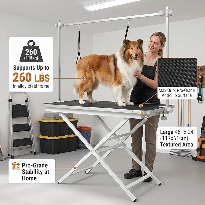 ApexDesk ProPaw Series 46" x 24" Dog Grooming Table, Foldable Heavy Duty Steel Frame, Adjustable Height (28.75"/33.82"), Height-Adjustable Grooming Arm, Non-Slip Waterproof Top, 260 lb Capacity