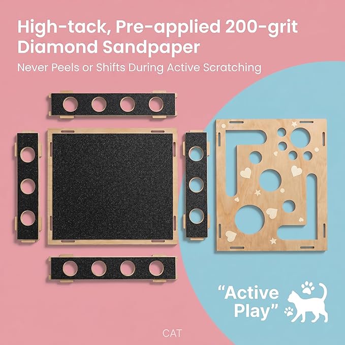 Cat Scratch Puzzle Enrichment Box: Stress-Free Alternative to Painful Trimming, Wooden Glowing Cat Nail File Scratching Box with Pre-Applied Sandpaper for Indoor Cats