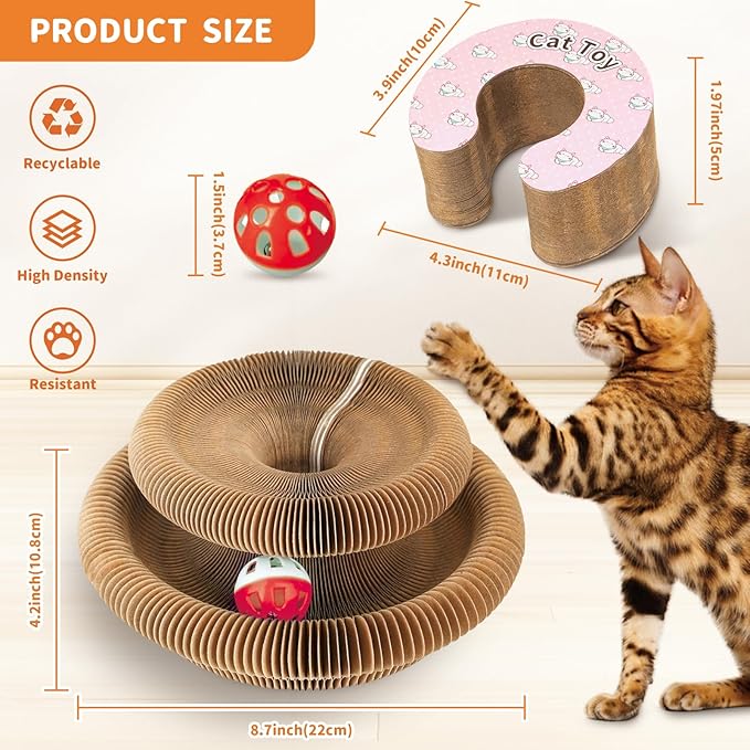 Magnetic & Reversible Cat Cardboard Scratcher, Cat Toys for Indoor Cats, Collapsible Ball Track with Bell, Interactive Cat Toys for Chasing and Scratching, for Both Adult & Kittens Pink