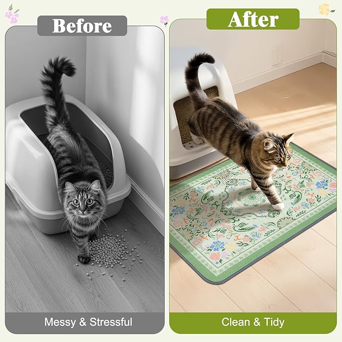 Unicorn Catcher 40X30in 2packCat Litter Mat Machine Washable Soft 3D Air Mesh Litter Box Rug Non-Slip Backing Quick Dry Scatter Control for Paws,Bean Green