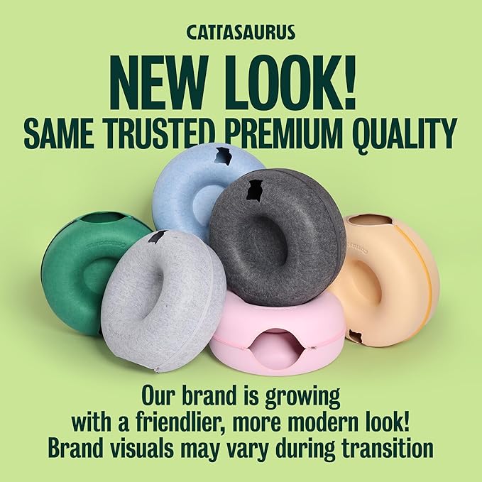 Cattasaurus Peekaboo Cat Cave Donut for Multiple & Large Cats up to 30-45 lbs, 3-in-1 Self Warming Cat Bed, Tunnel & Scratcher for Indoor Cats, Washable & Detachable Dog Bed (Pastel Macaron, Large)