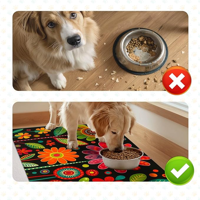 HOMETITUTE Vibrant Flower Pattern Pet Food Mat Spill-Proof Cat Feeding Mats Non-Slip Mat for Dog Food and Water Bowls Trendy Easy Clean Fast Dry Cat Food Mats for Indoor Cats 20" x 12"