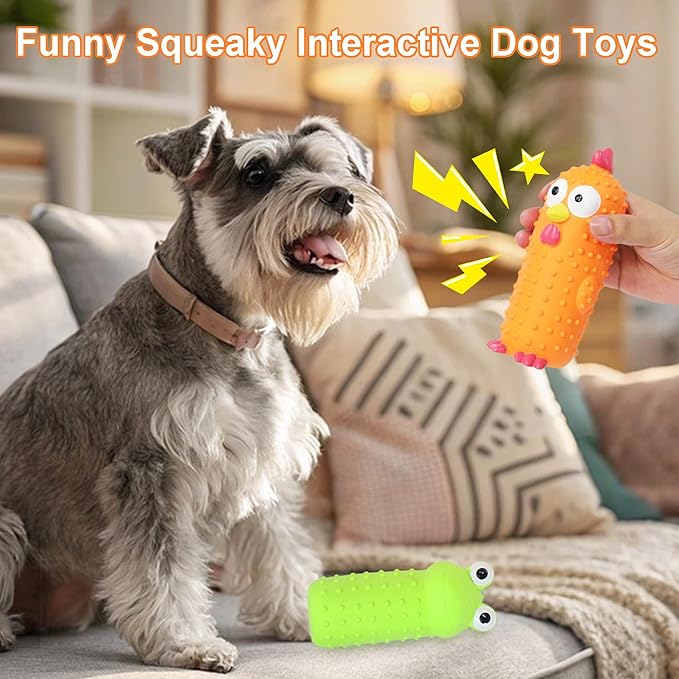 3 Pack Squeaky Dog Toys, Standing Stick Latex Chicken Squeaky Dog Toys Pig and Frog, Interactive Animals Play for Small Medium Large Dogs