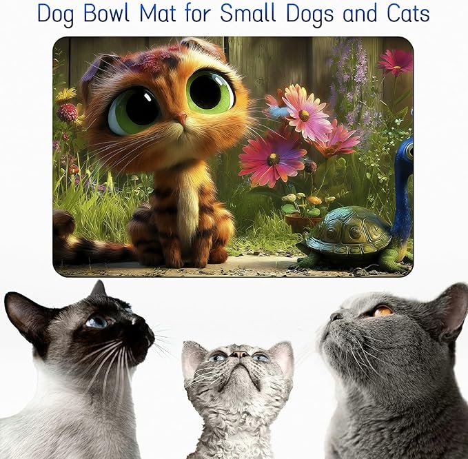 Dog Food Mat, 15.7" x 23.6" Absorbent Pet Feeding Mat for Food and Water, Waterproof Diatom Mud Pet Placemat with Non-Slip Rubber Backing, Cat Bowl Mat for Floors - Kitten Flower Forest