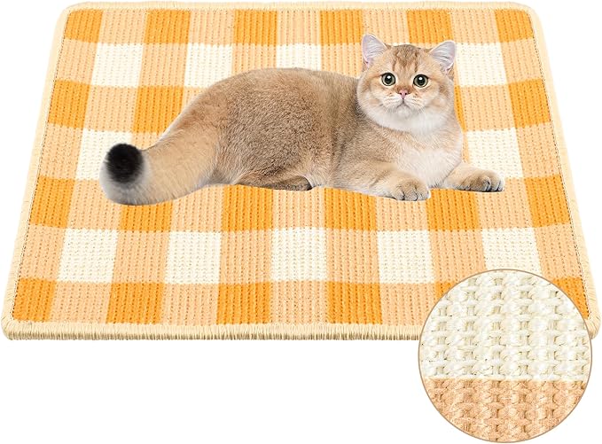 Cat Scratcher Mat, Natural Sisal Cat Scratch Pad, 23.6x15.7 Inch Horizontal Cat Floor Scratching Pads Rug with Hook & Loop to Protect Couch & Carpets & Sofas（Orange White）