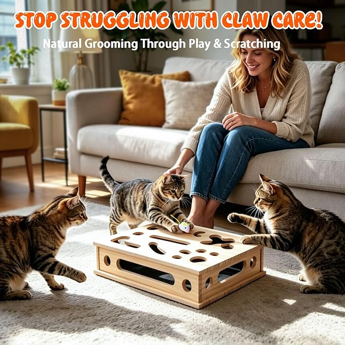 2026 New Cat Scratch Puzzle Enrichment Box, Large Interactive Nail File Box with Sandpaper Liner, Stress-Free Alternative to Nail Clippers & Grinders, with Catnip Toys