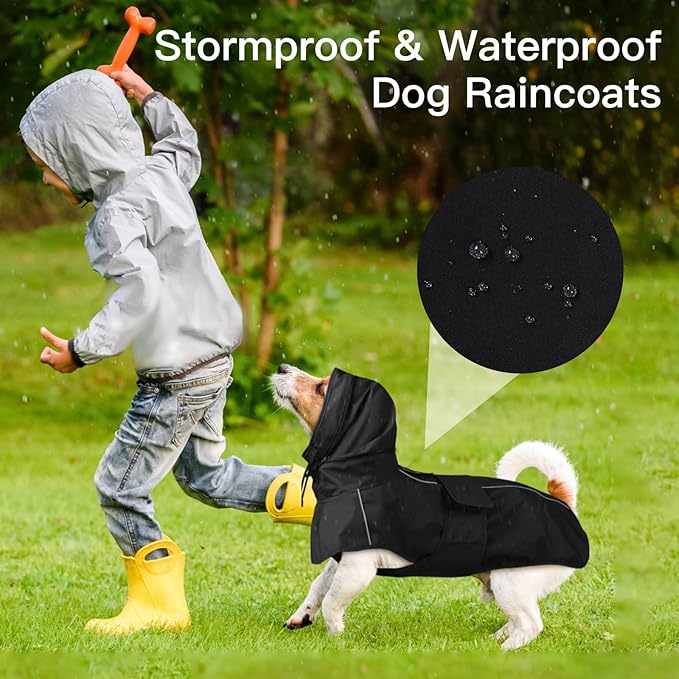 Dog Raincoat Waterproof, Reflective Adjustable Rain Jacket with Leash Hole, Convertible Hood/Collar Rain Coat for Dogs Poncho Breathable Lightweight (Black, XL)