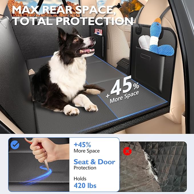 Back Seat Extender for Dogs-Large Space, Hard Bottom Egg Crate Foam Soft Dog Car Seat Cover Holds 420lbs, Sturdy Backseat Extender, Waterproof Pet Car Bed Dog Hammock for Car, SUV, Truck