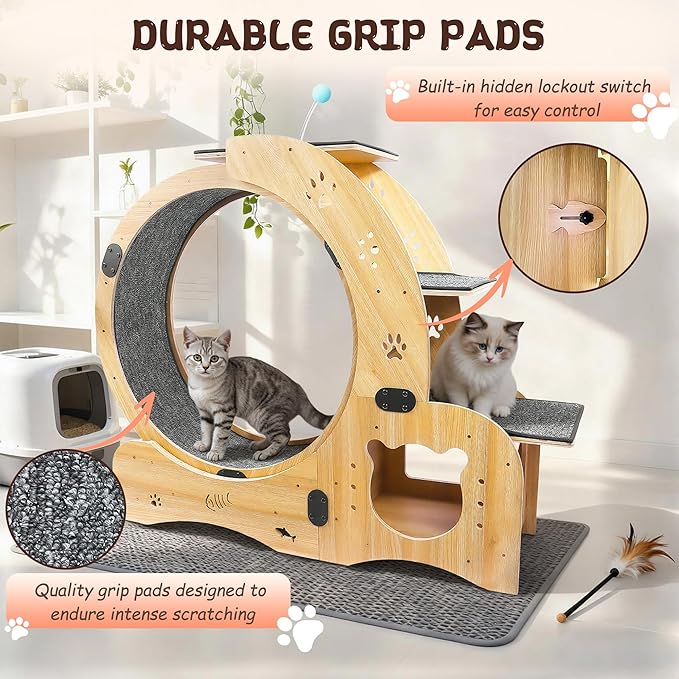 55-inch cat Wheel, 6-in-1 cat Wheels for Indoor Cats, Scratching Board, Detachable mat, Climbing Frame, nest & Toys, Multi-Functional Indoor Pet Activity Center/Walking/Training