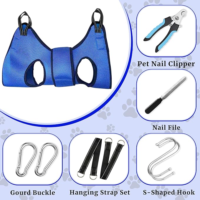 Dog Grooming Hammock Harness, with Elastic Leg Openings for a Flexible Fit, Dog Sling for Nail Trimming, Small Dogs Restraint Hanging Hanger Holder for Clipping Nails (Blue)