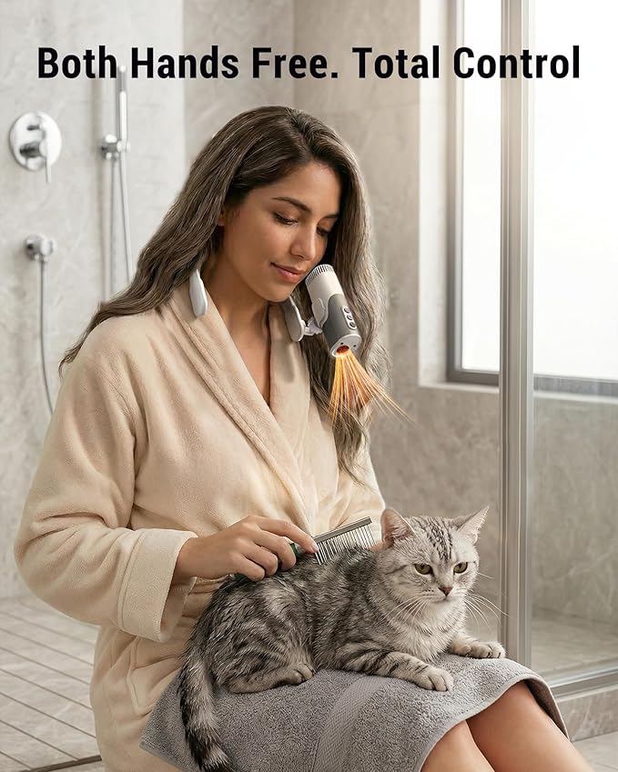 PETNF Hands-Free Dog Dryer for Pet Grooming, 110,000 RPM High Velocity Pet Hair Dryer, 1300W Powerful Neck Hanging Design, 3 Speeds & 5 Heat Settings for Home & Salon