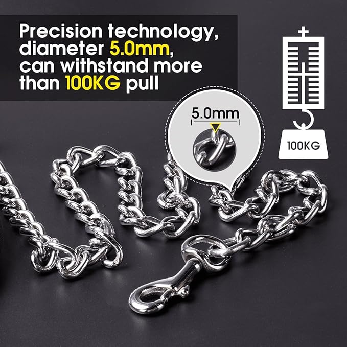 Premium Chain Heavy Duty Dog Leash - Soft Padded Leather Handle Lead - Perfect Basic Leashes Specifically Designed for Over 30KG Large Size Pets Walking (4 ft. x 5.0 mm (60-200 lbs.))