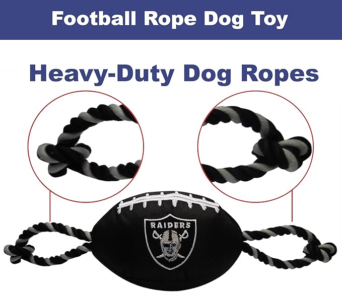 Pets First NFL Raiders Football Dog Toy, Tough Quality Nylon Materials, Strong Pull Ropes, Inner Squeaker, NFL Team Color