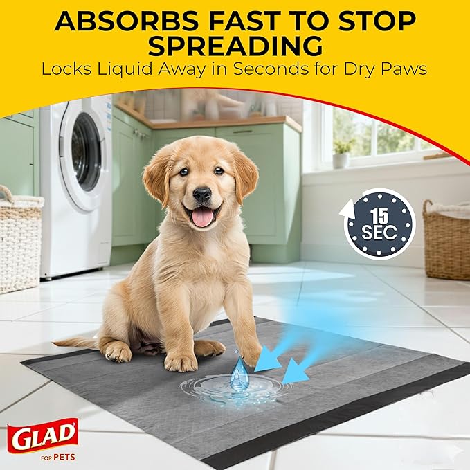 Glad for Pets Black Charcoal Puppy Pads 23x23 Inch 6-Layer Leak-Resistant Activated Carbon Odor Control Pheromone Attractant 14 Count