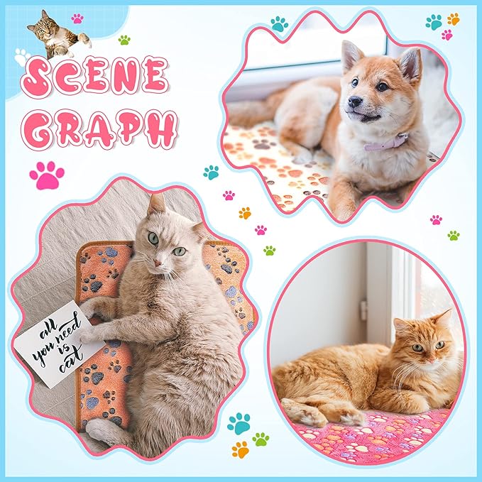 Tatuo 4 Pack Fleece Dog Blankets for Puppy Cats Multi-Size Sleep Mat for Pet Guinea Pig Soft Washable Warm Crate Bed Puppy Teething Toys Print Pattern Blanket Indoor(Coffee,24 x 16 Inch,Paw)