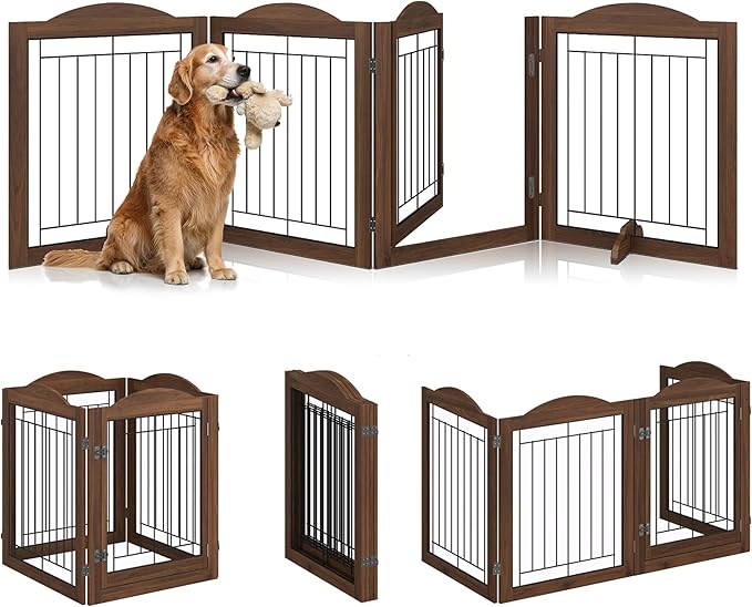 Vantas Folding No-Assembly Dog Door Pet Gate 96" Wide, 30" Tall Wooden Dog Gate with Door Walk Through, Freestanding Wire Pet Gate, Pet Puppy Safety Fence, with 2PCS Support – Rustic Brown