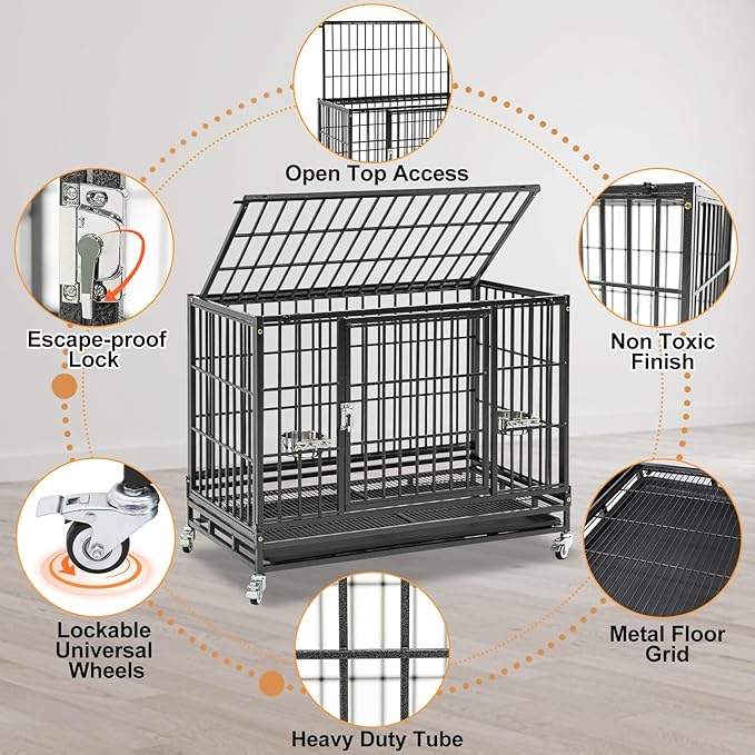 Homey Pet 2 Pack Three Tiers 37 Inch Dog Crate, Escape Proof Dog Cage Kennel Indoor with Top Access and Lockable Wheels, Removable Tray, Heavy Duty Dog Crates for Medium/Small Dogs