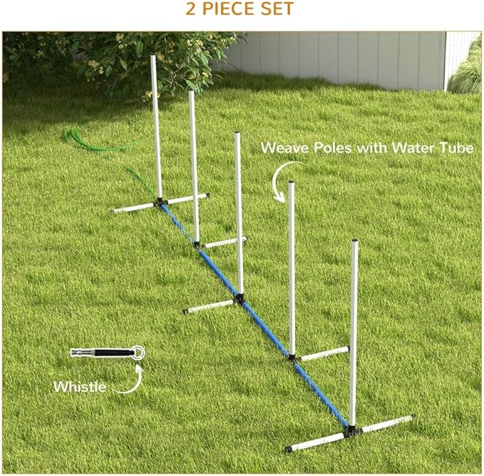 2 Piece Dog Agility Training Equipment Set with Weave Poles, Spray Water Tube, Whistle, Carry Bag, Obstacle Course for Dogs Agility Course for Outdoor, Garden, Backyard (White + Blue, 2 Piece)