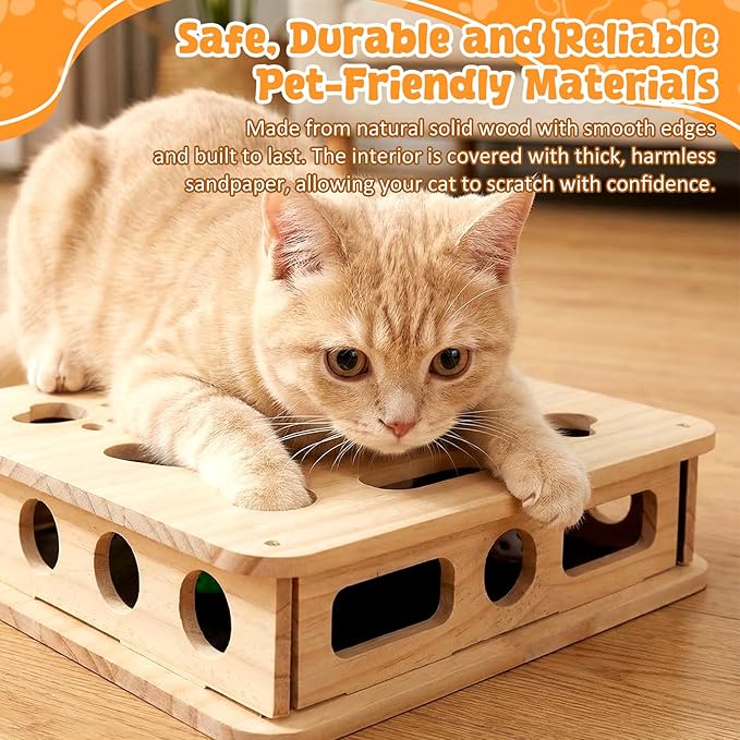 Cat Scratch Puzzle Enrichment Box, Cat Nail File Enrichment Box, Includes Replacement Sandpaper, 3 Bell Balls & 1 Teaser Wand,Wooden Puzzle Treat Toy Box Stimulate Cat Instincts for Bored Cats