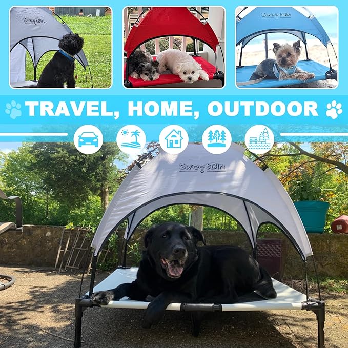 S/M/L Outdoor Raised Dog Cot with Canopy & Side Shade - Portable Cooling Elevated Dog Bed for Camping Beach (with Carry Bag)