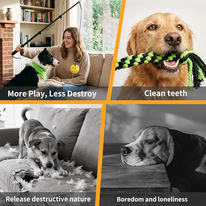 Flirt Pole for Dogs Heavy Duty – 40" Extendable Aluminum Alloy Dog Teaser Pole for Large, Medium & Small Dogs, Dog Training Stick Toy for Exercise & Training, Includes 4 Replaceable Lures