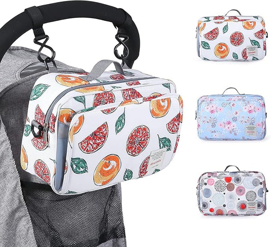 GOGOSO Non-Slip Stroller Organizer Bag for Diapers with Insulated Pocket, Stroller Hooks and Adjustable Strap,Universal Fit Most Strollers, Fruits